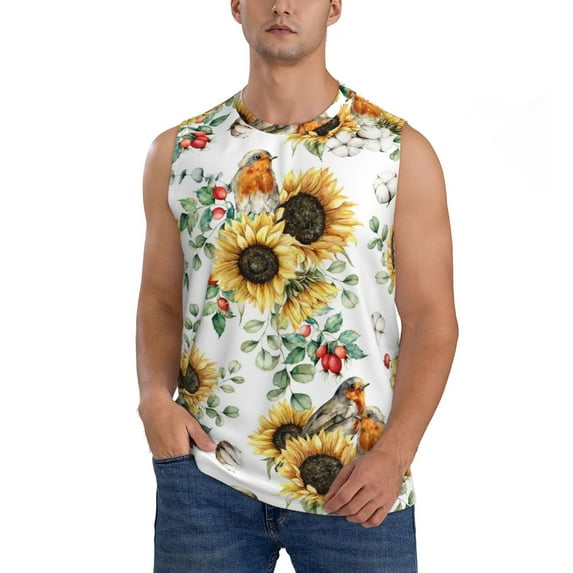 Bixox Men's Sunflowers Leaves And Birds Printed Shirt Sleeveless Fitness Tank Top-3X-Large