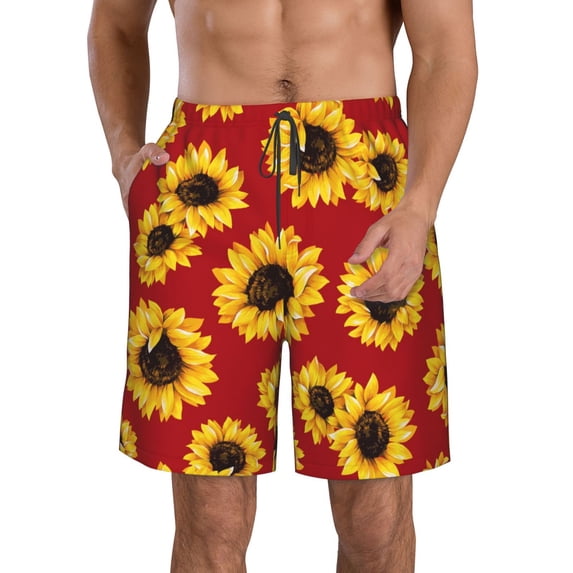 Bixox Men's Sunflowers On Red printing Casual Classic Fit Short Summer Beach Shorts