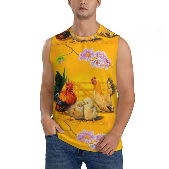 Bixox Men's The Chicken Family Rooster Hen And Chicks Printed Shirt Sleeveless Fitness Tank Top-Small