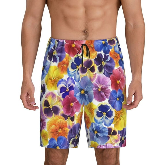 Bixox Men's The Garden Tricolor Pansy Flower printed lightweight casual shorts, soft sleep shorts with pockets.