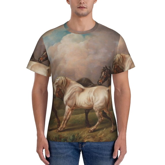 Bixox Men's Three Horses Oil Painting Printed Short Sleeve Skinny Athletic T-Shirt
