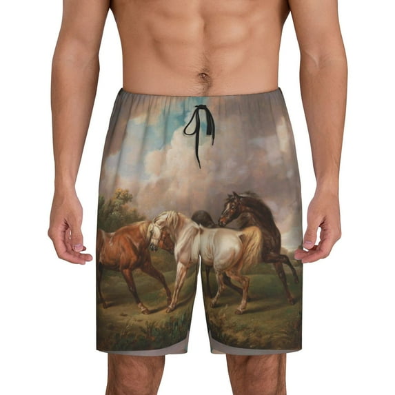 Bixox Men's Three Horses Oil Painting printed lightweight casual shorts, soft sleep shorts with pockets.