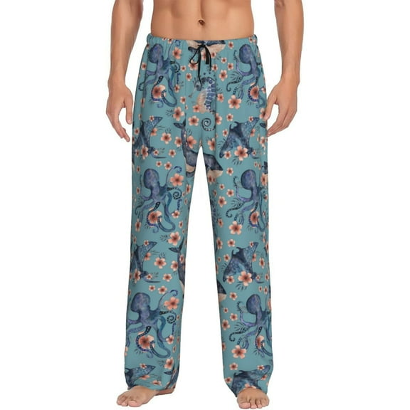Bixox Men's Underwater Animals and Flowers Patterned Pajama Pants with Pockets Lounge Clothes for Home