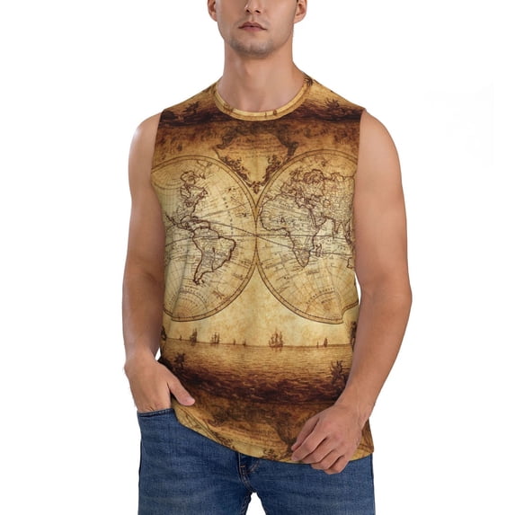 Bixox Men's Vintage Map Of The World Printed Shirt Sleeveless Fitness Tank Top-Small