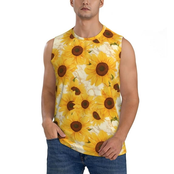 Bixox Men's Vintage Marble Pattern Sunflower Printed Shirt Sleeveless Fitness Tank Top-X-Large