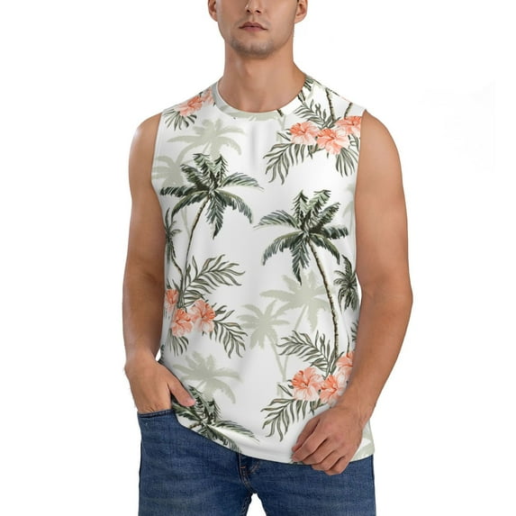 Bixox Men's Vintage Palm Trees Printed Shirt Sleeveless Fitness Tank Top-X-Large