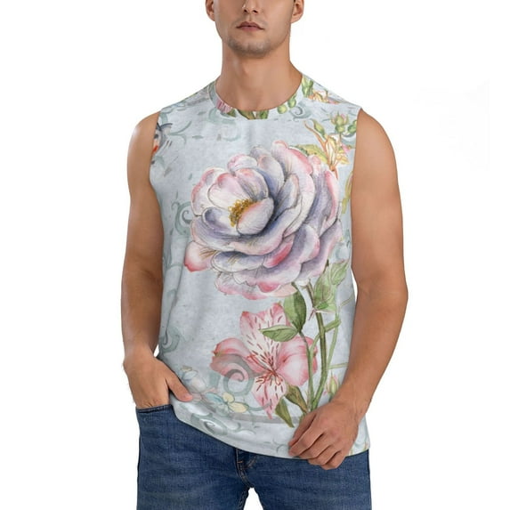 Bixox Men's Vintage Rose Printed Shirt Sleeveless Fitness Tank Top-X-Large