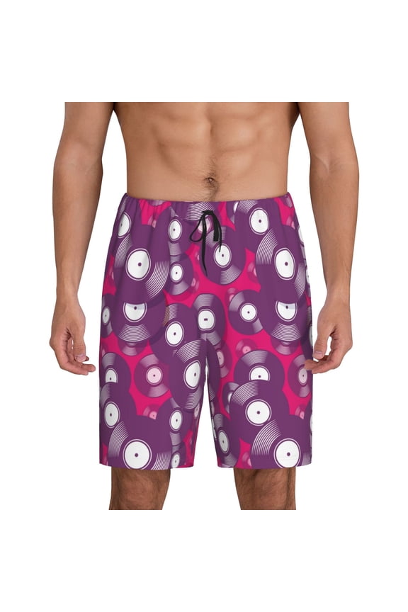 Men's Vintage Vinyl Record printed lightweight casual shorts, soft sleep shorts with pockets.