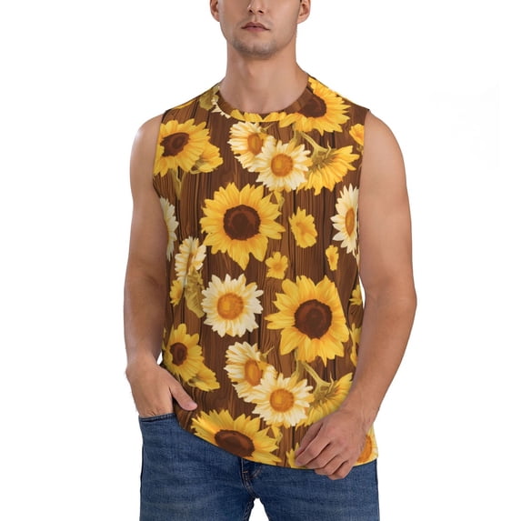Bixox Men's Vintage Wood Grain Sunflower A Printed Shirt Sleeveless Fitness Tank Top-3X-Large