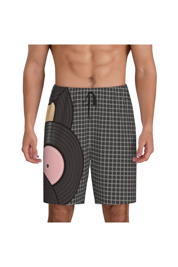 Men's Vinyl Records printed lightweight casual shorts, soft sleep shorts with pockets.