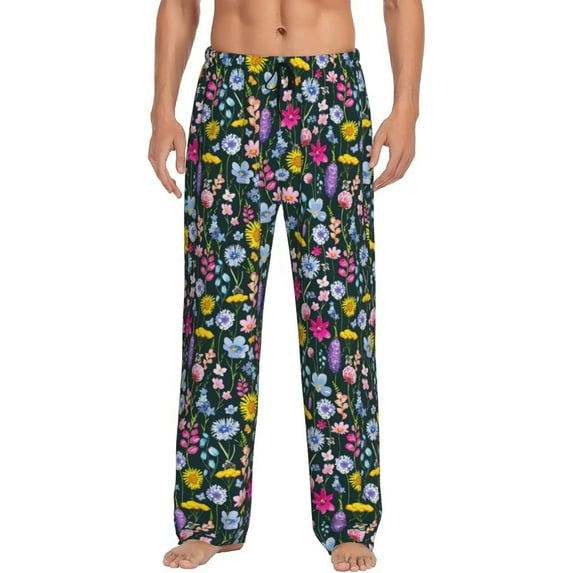 Bixox Men's Watercolor Meadow Flowers Patterned Pajama Pants with Pockets Lounge Clothes for Home