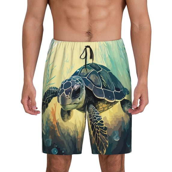 Bixox Men's Watercolor Turtle2 printed lightweight casual shorts, soft sleep shorts with pockets.