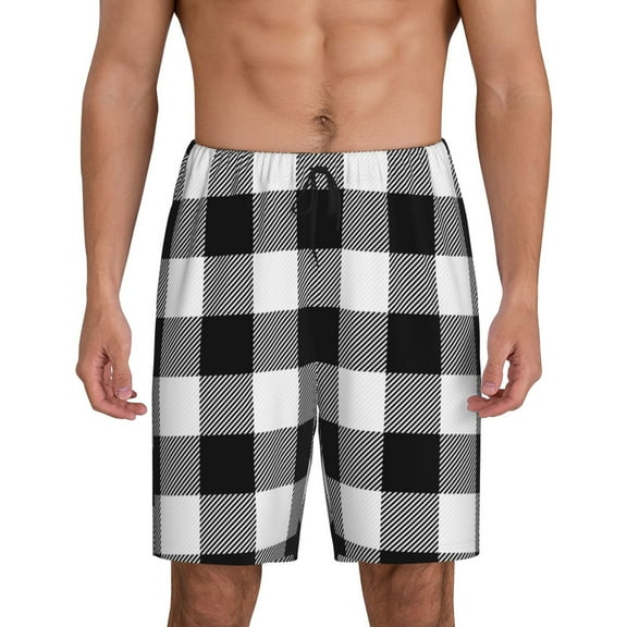 Bixox Men's White And Black Plaid Pattern printed lightweight casual shorts, soft sleep shorts with pockets.