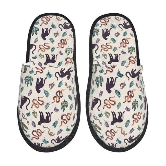 Bixox Men's Women's Black Cat And Snake Patterned Plush House Slippers, Memory Foam Slippers, Indoor and Outdoor Warm Plush Bedroom Shoes, Soft Flat Sole, Comfortable and Non-slip