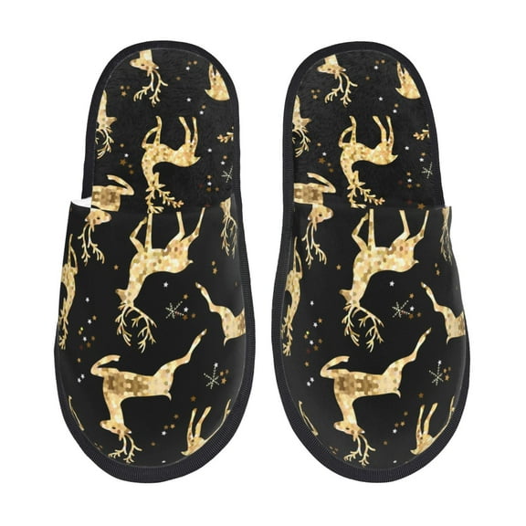 Bixox Men's Women's Christmas Gold Deers Patterned Plush House Slippers, Memory Foam Slippers, Indoor and Outdoor Warm Plush Bedroom Shoes, Soft Flat Sole, Comfortable and Non-slip