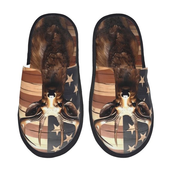 Bixox Men's Women's Deer American Flag Vintage Patterned Plush House Slippers, Memory Foam Slippers, Indoor and Outdoor Warm Plush Bedroom Shoes, Soft Flat Sole, Comfortable and Non-slip