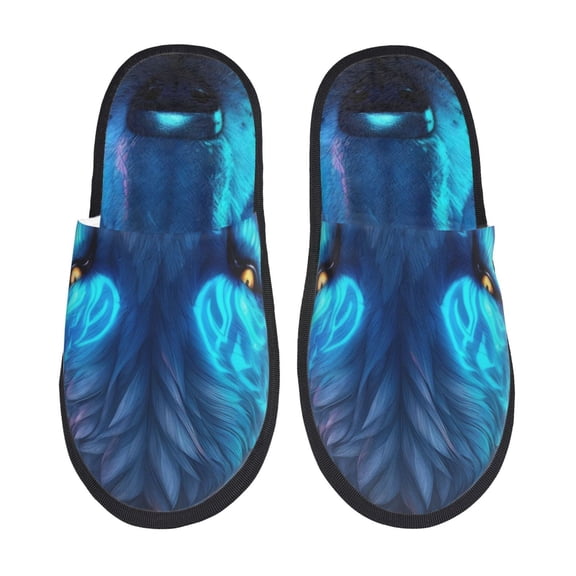 Bixox Men's Women's Futuristic Blue Light Wolf Patterned Plush House Slippers, Memory Foam Slippers, Indoor and Outdoor Warm Plush Bedroom Shoes, Soft Flat Sole, Comfortable and Non-slip