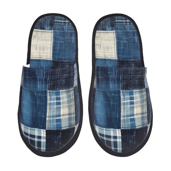 Bixox Men's Women's Indigo Patchwork Quilt Patterned Plush House Slippers, Memory Foam Slippers, Indoor and Outdoor Warm Plush Bedroom Shoes, Soft Flat Sole, Comfortable and Non-slip