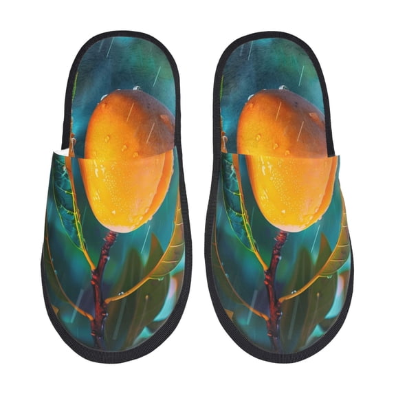 Bixox Men's Women's Mango In The Rain Patterned Plush House Slippers, Memory Foam Slippers, Indoor and Outdoor Warm Plush Bedroom Shoes, Soft Flat Sole, Comfortable and Non-slip
