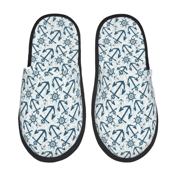 Bixox Men's Women's Nautical Theme Anchors Patterned Plush House Slippers, Memory Foam Slippers, Indoor and Outdoor Warm Plush Bedroom Shoes, Soft Flat Sole, Comfortable and Non-slip