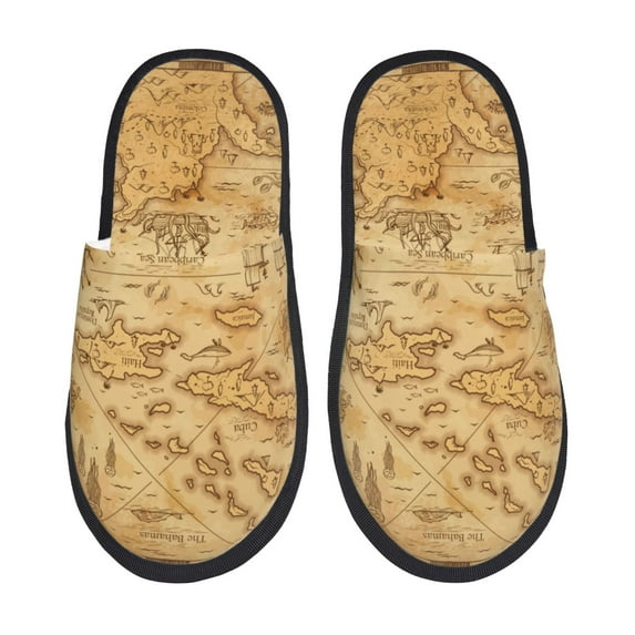Bixox Men's Women's Old Vintage Map Of Sea Patterned Plush House Slippers, Memory Foam Slippers, Indoor and Outdoor Warm Plush Bedroom Shoes, Soft Flat Sole, Comfortable and Non-slip