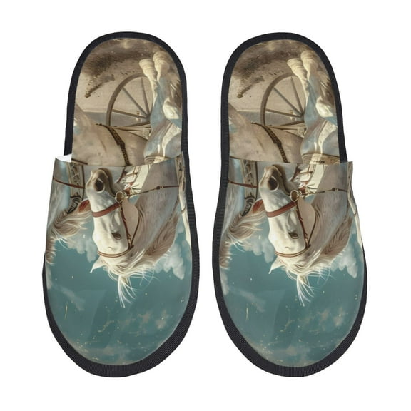 Bixox Men's Women's Roman Chariot Horse Race Patterned Plush House Slippers, Memory Foam Slippers, Indoor and Outdoor Warm Plush Bedroom Shoes, Soft Flat Sole, Comfortable and Non-slip