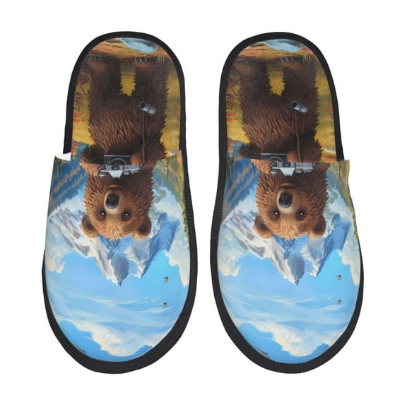 Bixox Men's Women's Snowy Mountain Photography Bear Patterned Plush House Slippers, Memory Foam Slippers, Indoor and Outdoor Warm Plush Bedroom Shoes, Soft Flat Sole, Comfortable and Non-slip