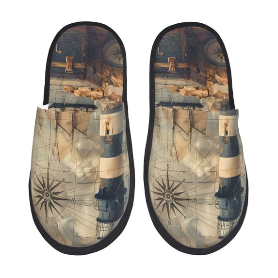 Bixox Men's Women's Vintage Nautical Lighthouse Patterned Plush House Slippers, Memory Foam Slippers, Indoor and Outdoor Warm Plush Bedroom Shoes, Soft Flat Sole, Comfortable and Non-slip
