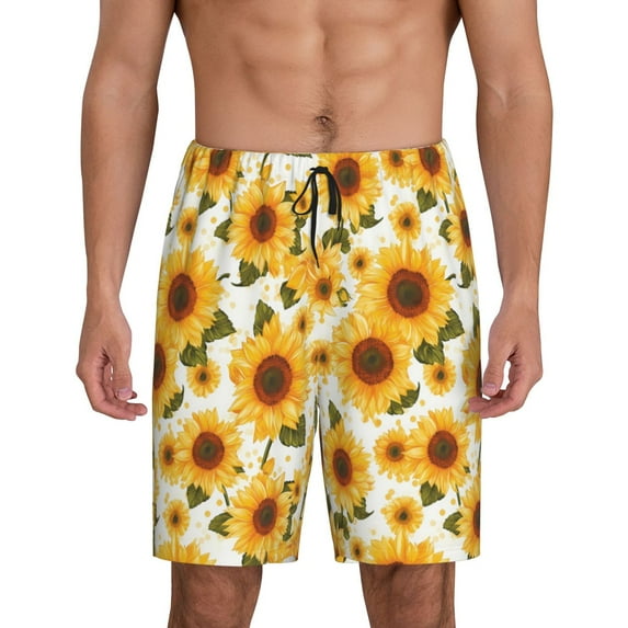 Bixox Men's Yellow Polka Dot Sunflower printed lightweight casual shorts, soft sleep shorts with pockets.