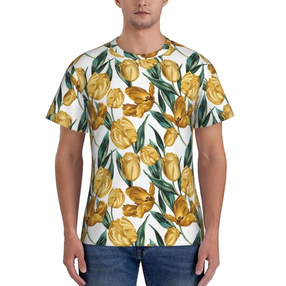 Bixox Men's Yellow Tulips Printed Short Sleeve Skinny Athletic T-Shirt