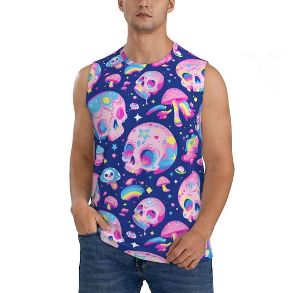 Bixox Men's colorful Skull mushroom rainbow Printed Shirt Sleeveless Fitness Tank Top-XX-Large