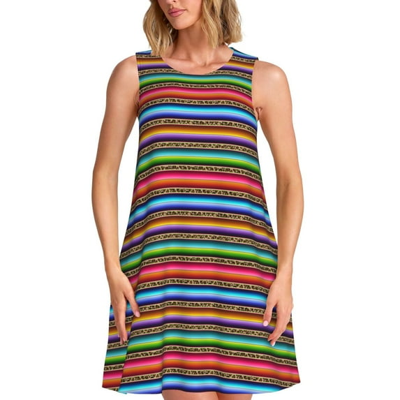 Bixox Mexican Leopard Serape Blanket Stripes Print Women's Sleeveless A-Line Dress with Pockets, Casual Knee-Length Tank Dress for Summer-X-Large