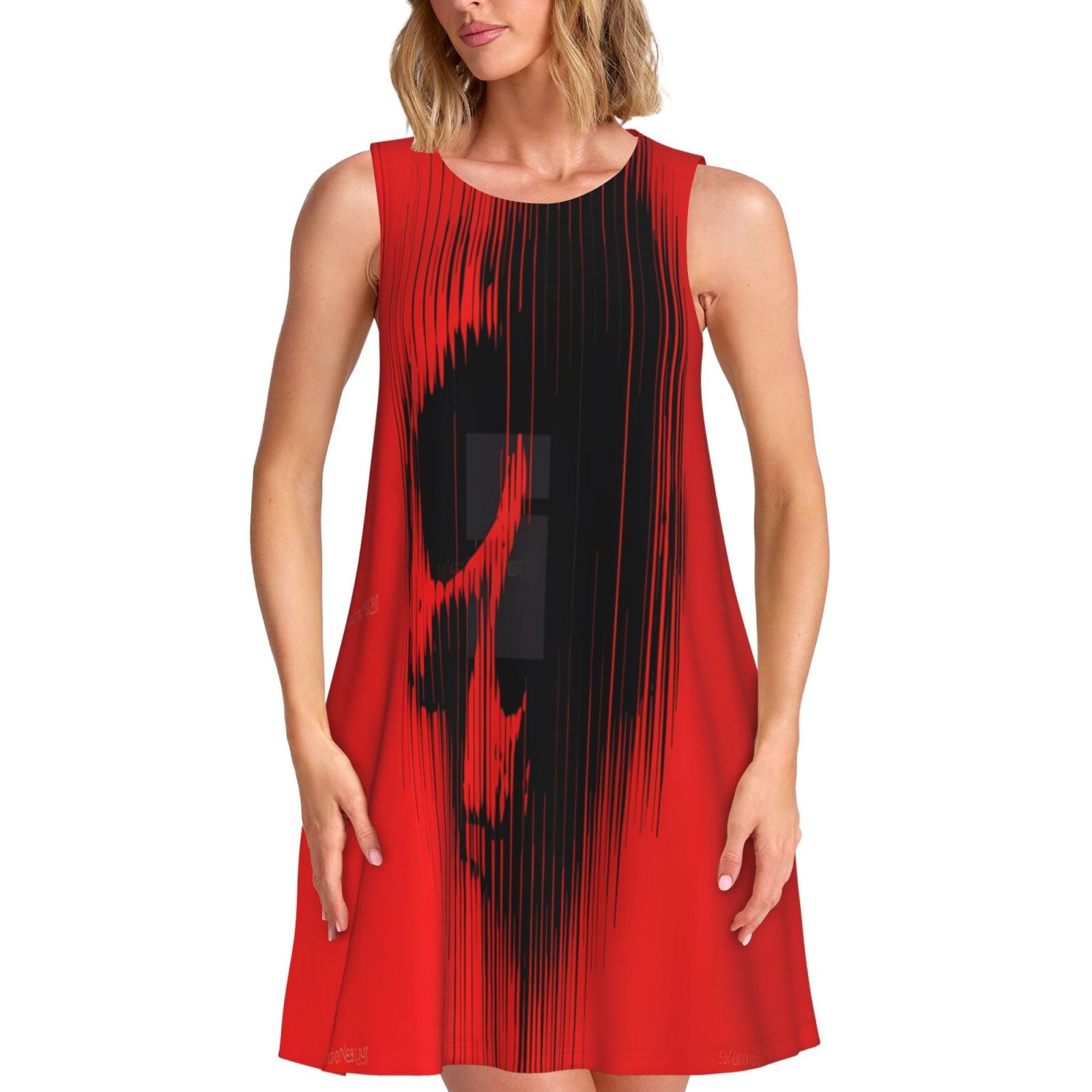 Bixox Minimalist Skull Red Print Women's Sleeveless A-Line Dress with Pockets, Casual Knee ... — free download