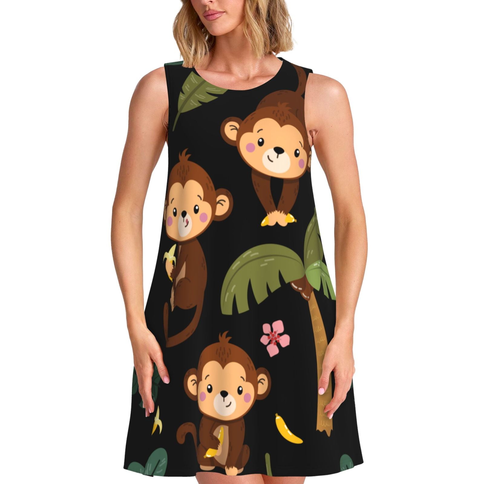 Bixox Monkeys Swinging from Palms Print Women's Sleeveless A-Line Dress with Pockets, Casual ...