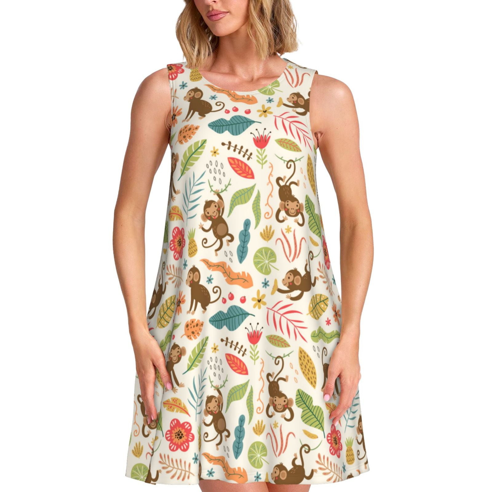Bixox Monkeys in the Jungle Print Women's Sleeveless A-Line Dress with Pockets, Casual Knee ...