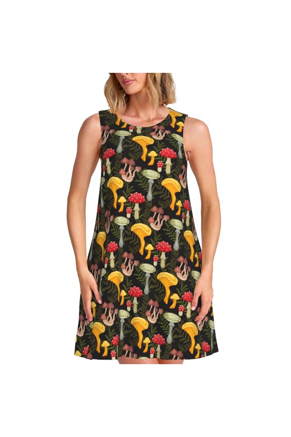 Mushrooms And Fern Stems Print Women's Sleeveless A-Line Dress with Pockets, Casual Knee-Length Tank Dress for Summer-XX-Large