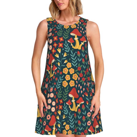 Bixox Mushrooms And Flowers Print Women's Sleeveless A-Line Dress with Pockets, Casual Knee-Length Tank Dress for Summer-3X-Large