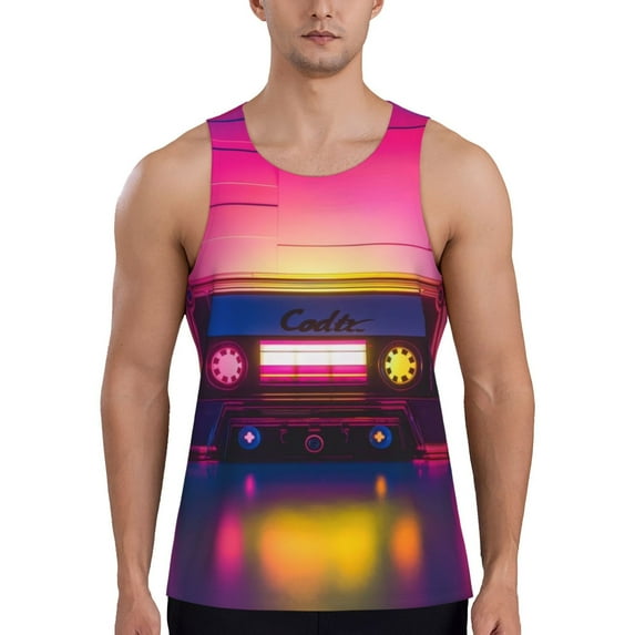 Bixox Neon Cassette Tape Pattern Men's Gym Tank Tops Workout Sleeveless T-Shirts Athletic Muscle Tank Training Bodybuilding Shirts,S-4XL