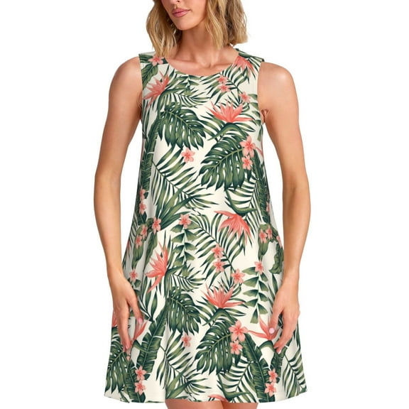 Bixox Palm Trees and Tropical Print Women's Sleeveless A-Line Dress with Pockets, Casual Knee-Length Tank Dress for Summer-Large