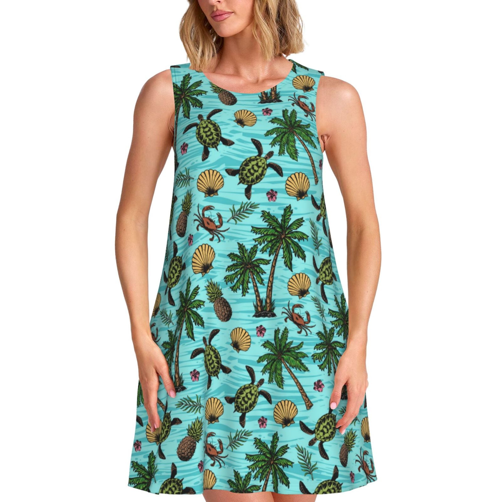 Bixox Pineapple Sea Turtle Print Women's Sleeveless A-Line Dress with ...