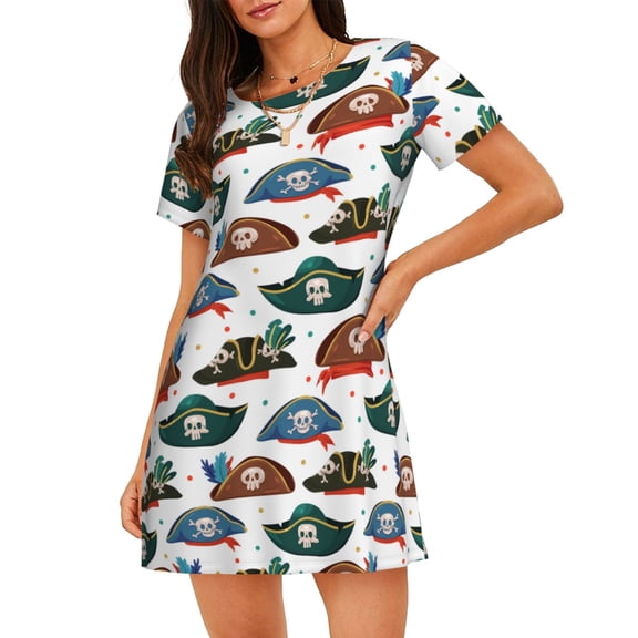 Bixox Pirate Hats Pattern Women's Nightgown, Soft & Breathable Sleepwear, Round Neck Knee-Length Pajama Dress,Loungewear for Home & Sleep