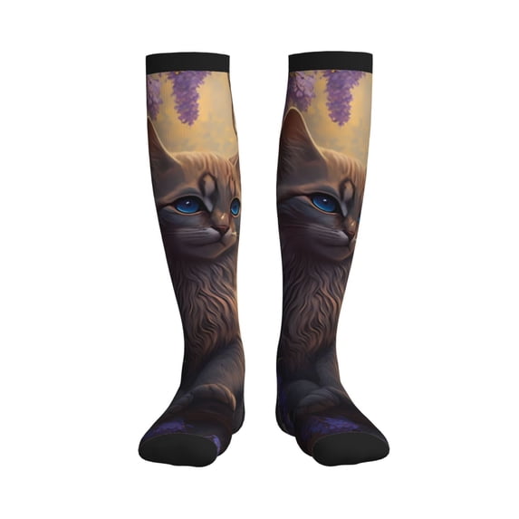 Bixox Purple Flower Lazy Cat Print Compression Socks,Compression Socks Women & Men Circulation for Medical,Running,Athletic