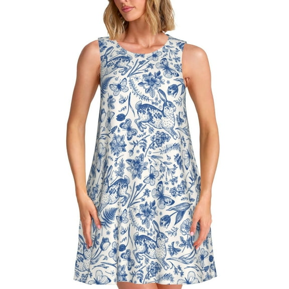 Bixox Rabbit And Butterfly Print Women's Sleeveless A-Line Dress with Pockets, Casual Knee-Length Tank Dress for Summer-3X-Large