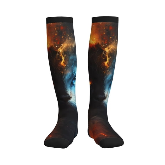 Bixox Red And Blue Fire Cat Print Compression Socks,Compression Socks Women & Men Circulation for Medical,Running,Athletic