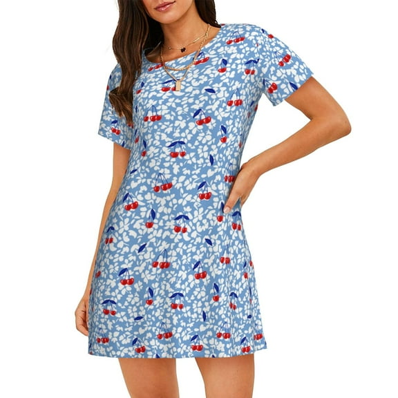 Bixox Red Cherries Pattern Women's Nightgown, Soft & Breathable Sleepwear, Round Neck Knee-Length Pajama Dress,Loungewear for Home & Sleep