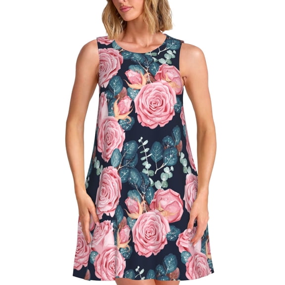 Bixox Rose Flowers Print Women's Sleeveless A-Line Dress with Pockets, Casual Knee-Length Tank Dress for Summer-Large