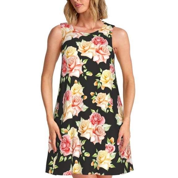 Bixox Rose Flowers Print Women's Sleeveless A-Line Dress with Pockets, Casual Knee-Length Tank Dress for Summer-Medium