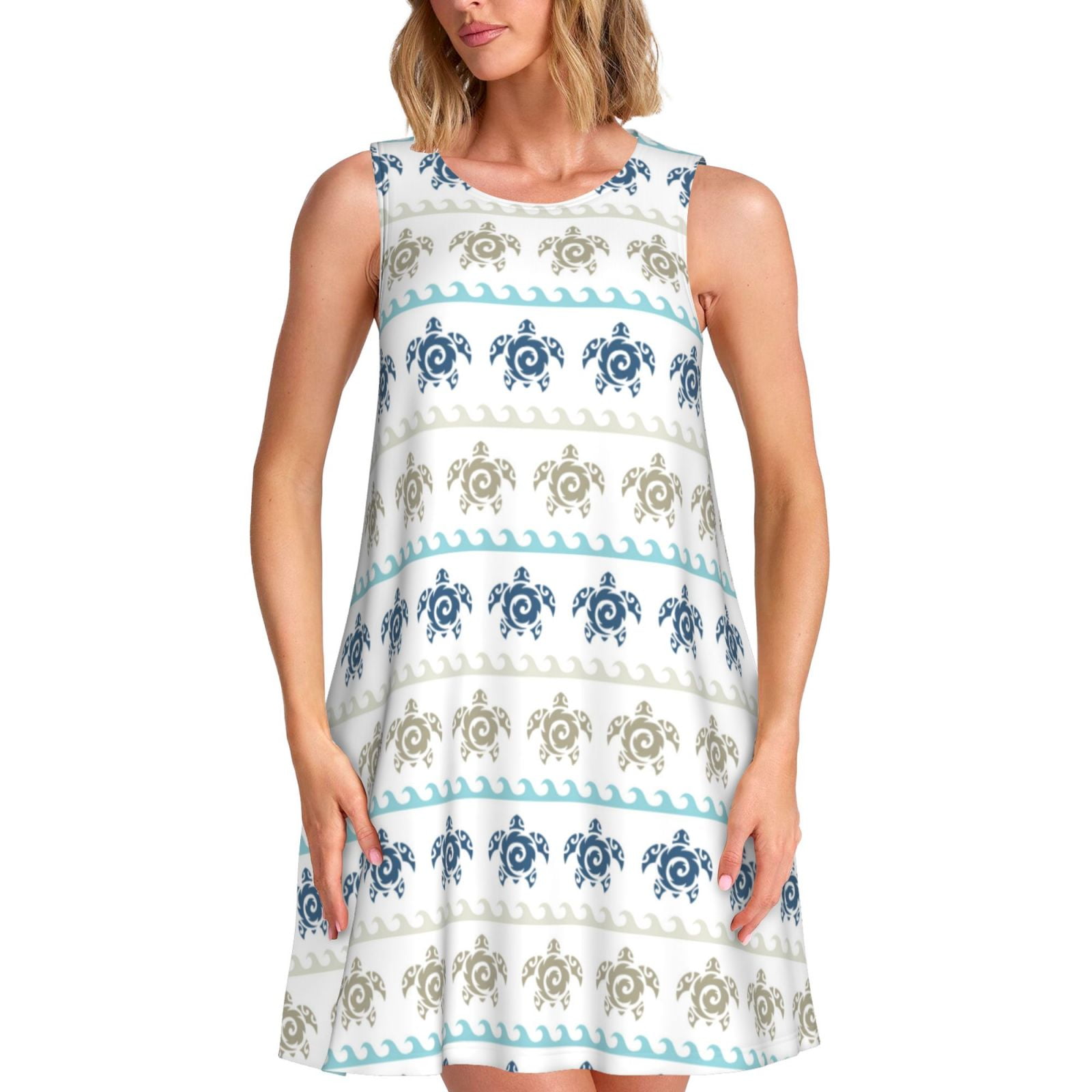 Bixox Sea Turtle Print Women's Sleeveless A-Line Dress with Pockets ...