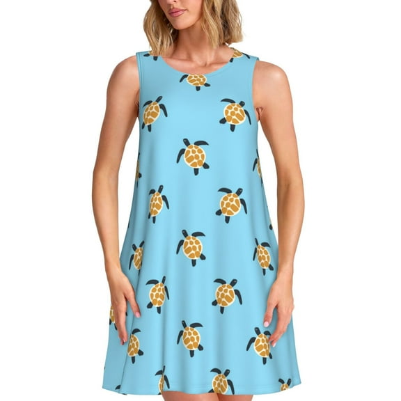 Bixox Sea Turtle Print Women's Sleeveless A-Line Dress with Pockets, Casual Knee-Length Tank Dress for Summer-Small