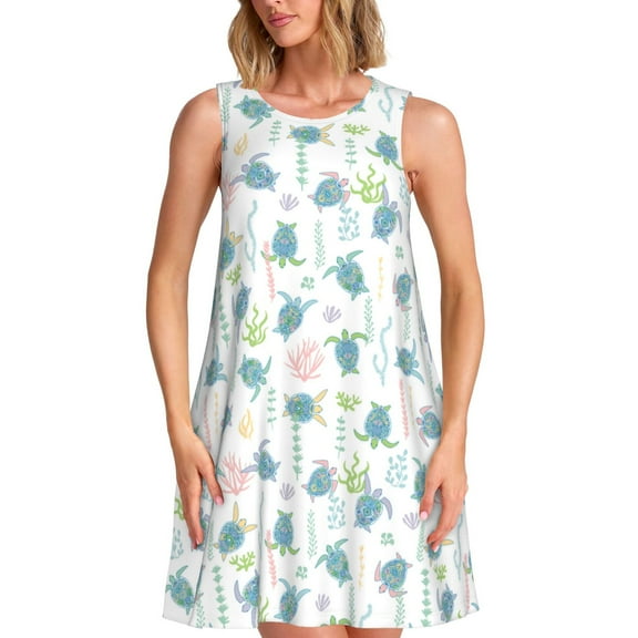 Bixox Sea Turtle Print Women's Sleeveless A-Line Dress with Pockets, Casual Knee-Length Tank Dress for Summer-X-Large